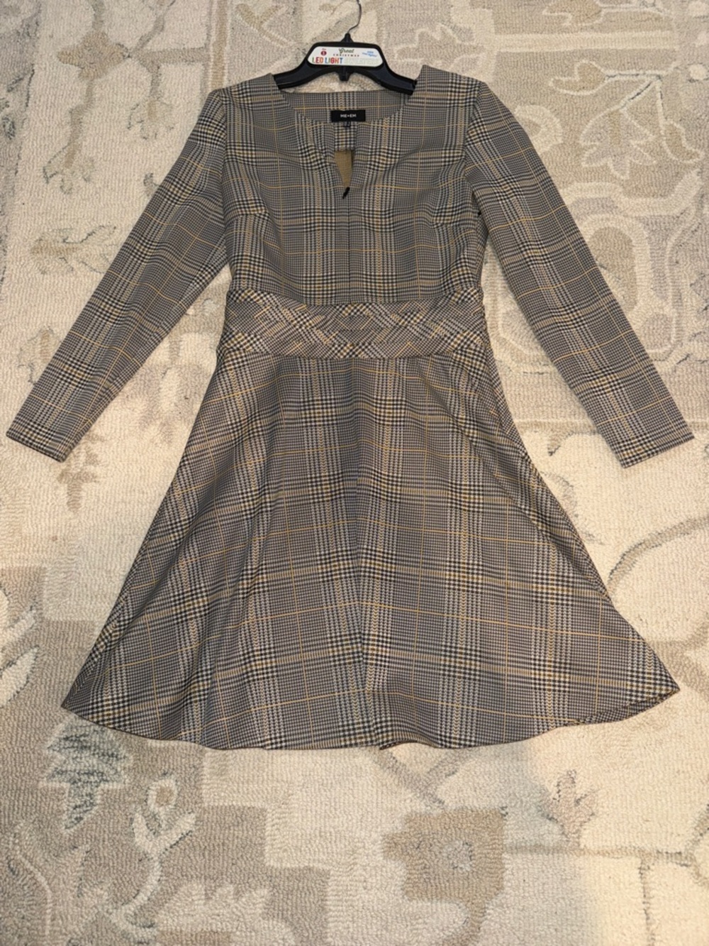 Me + Em Plaid Fit-and-Flare Dress in Gray, Yellow, Black and Tan